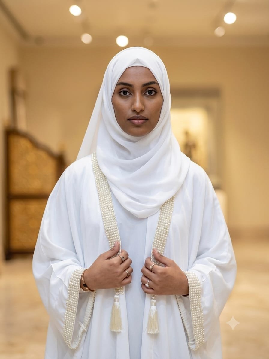 Ivory pearl-trim abaya