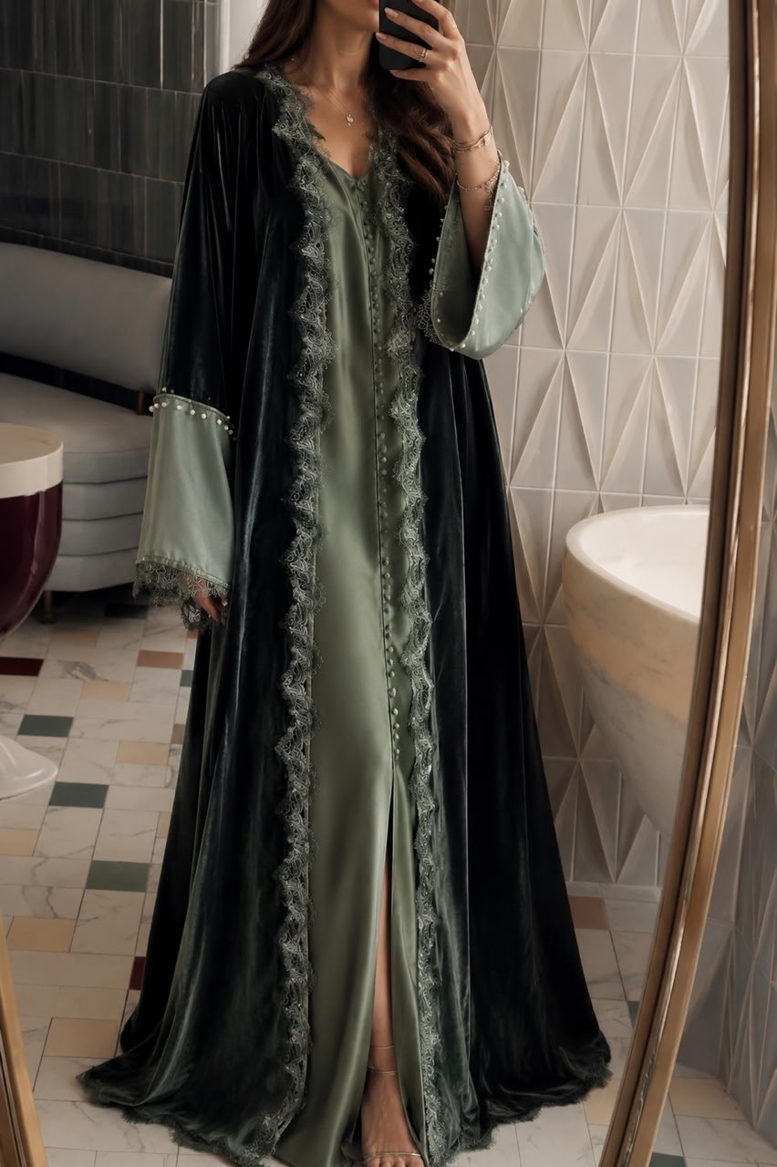 Sage velvet lace robe