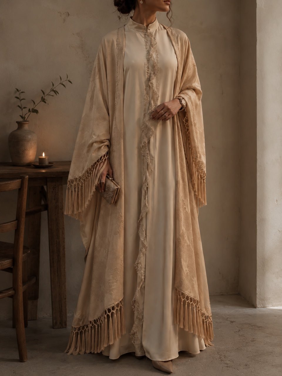 Champagne fringe shawl abaya