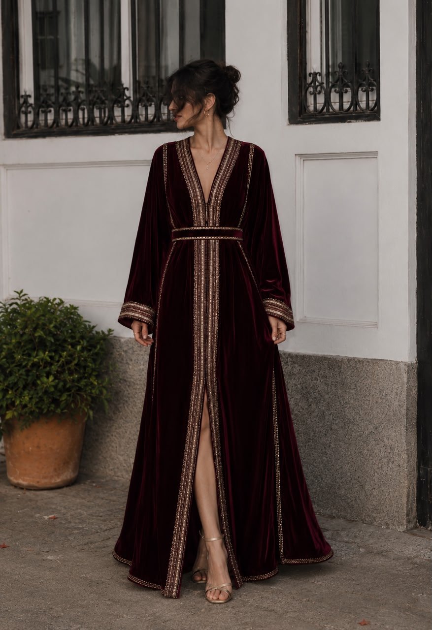 Maroon velvet caftan gown