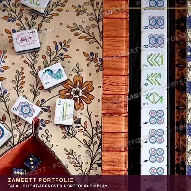 Tala botanical mahjong mat with white tiles and rust-coloured racks