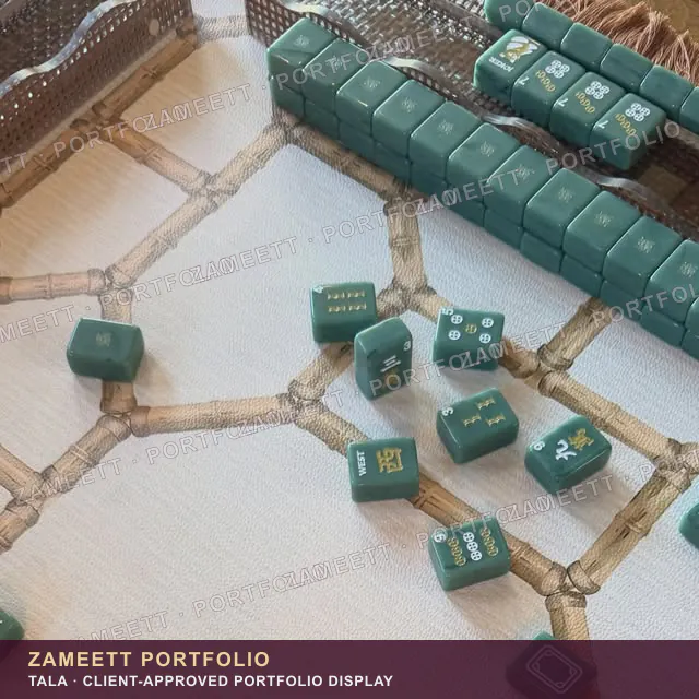 Tala lattice-patterned mahjong mat with jade-coloured tiles